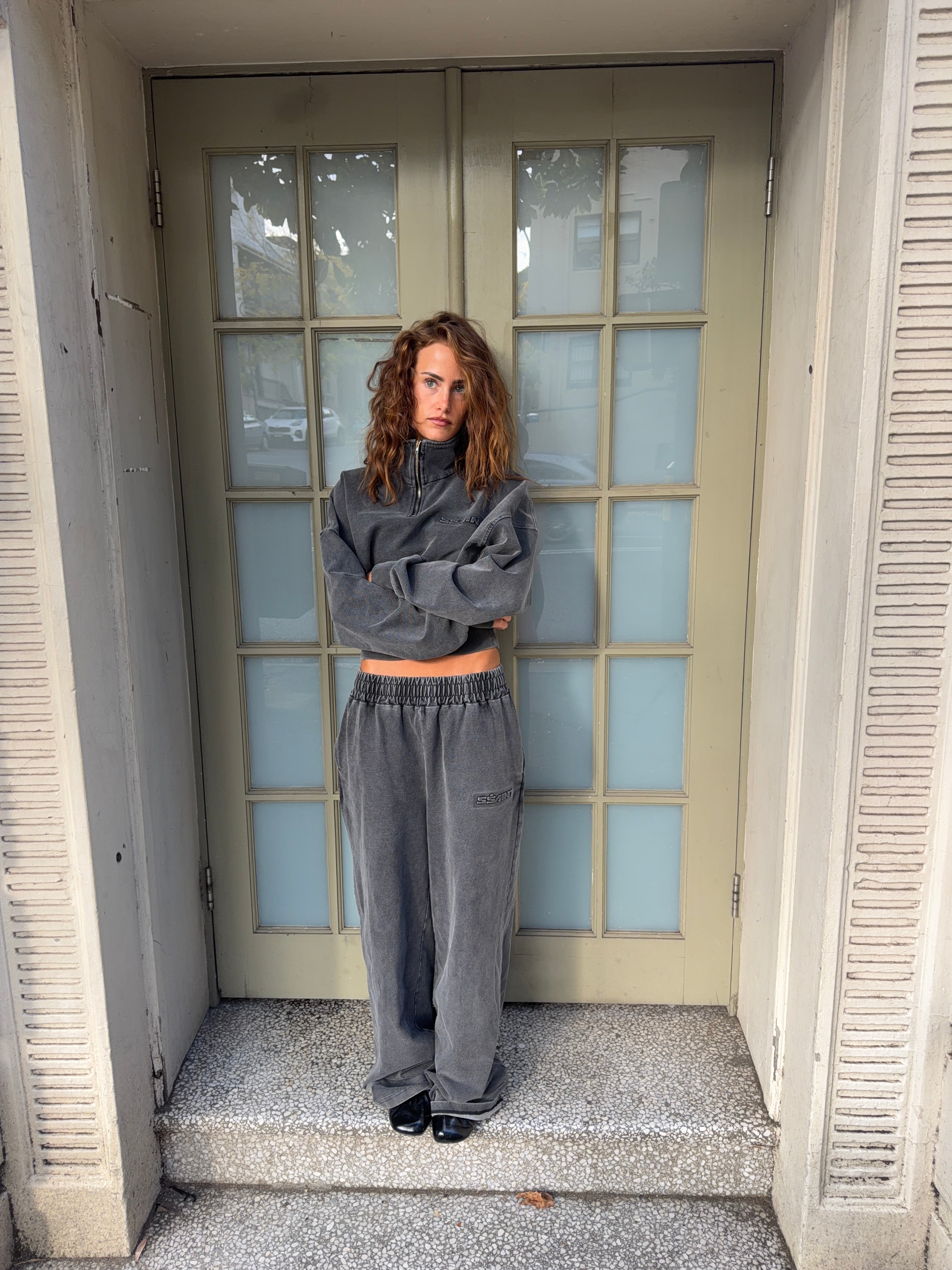 SŚAINT ACID WASH 1/4 ZIP CROP JUMPER - CHARCOAL